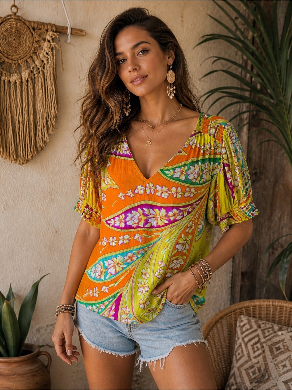 Haute Hippie Floral Tropical Vee Neck Boho Flowy Blouse Size XL